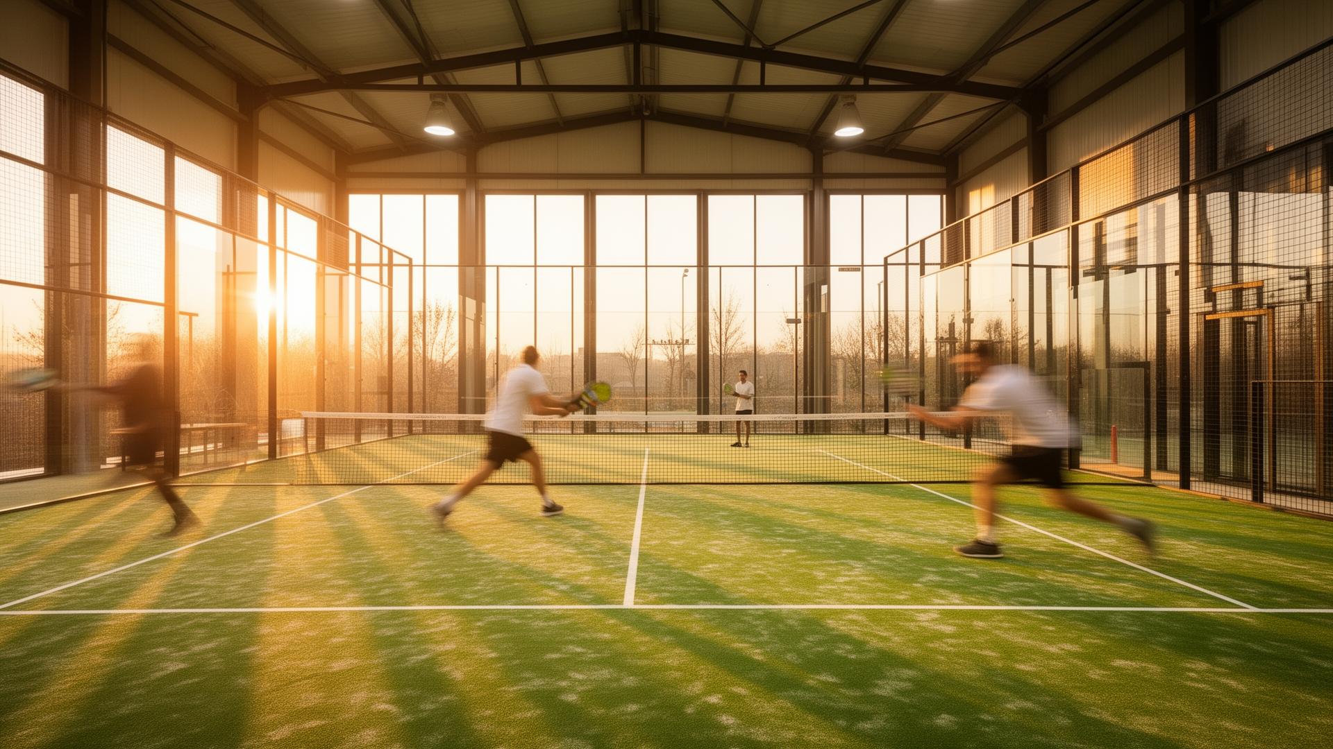 Players on an indoor padel court at golden hour